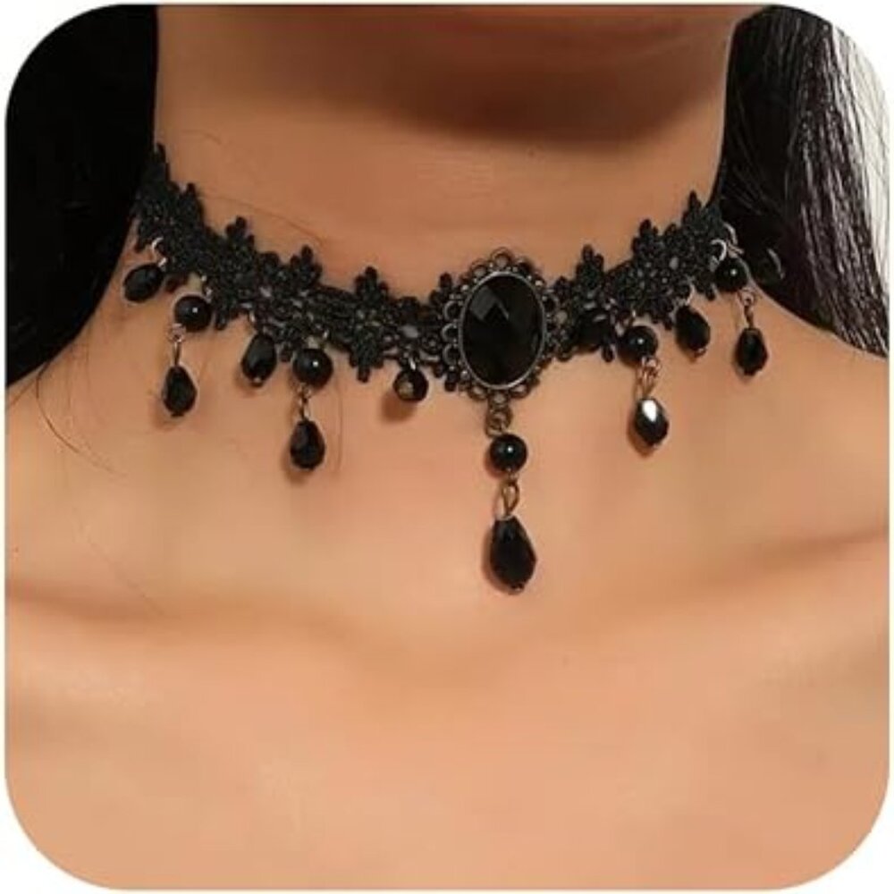Black Velvet and Rhinestones Choker‎ Necklace Lace Collar